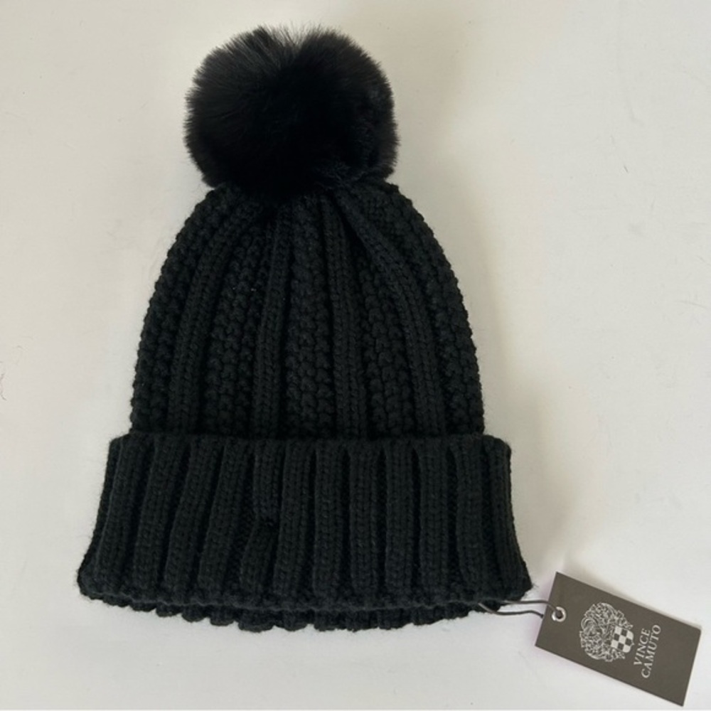 Vince Camuto‎ Black Fur Pom Pom Chunky cable knit Hat Beanie